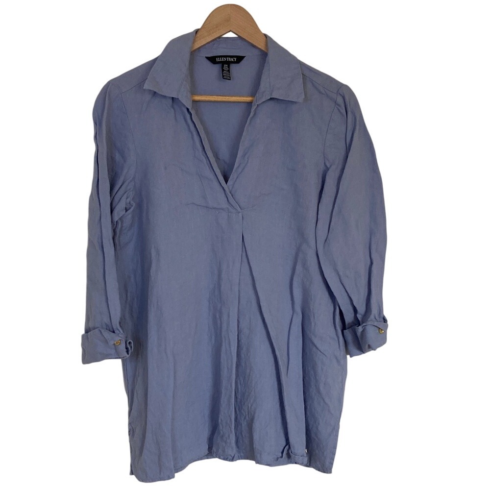 Ellen Tracy Womens Linen Blue V-Neck Collared Popover Tunic Blouse Size Large